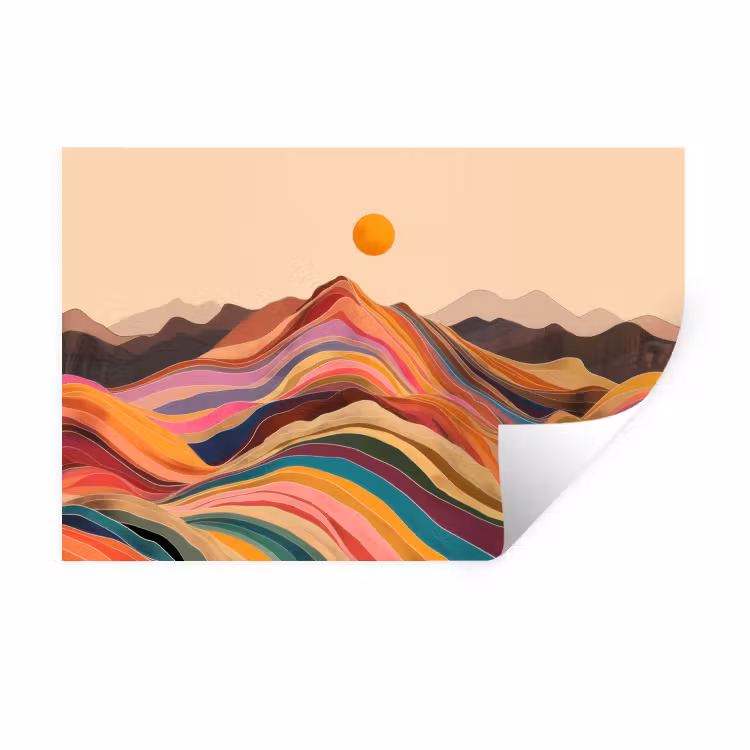 Zon - Kleurrijk landschap - Bergen Muursticker klein -3d