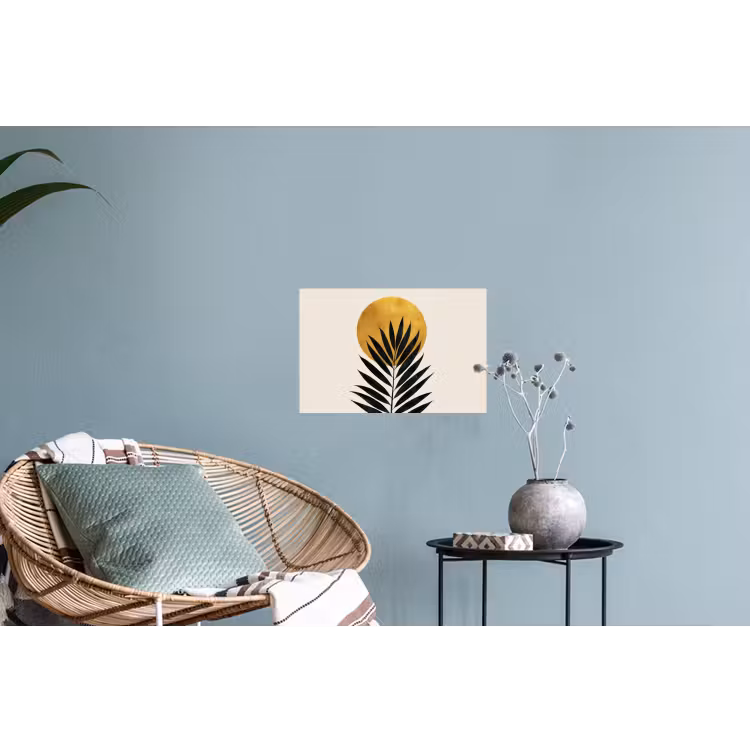 Zwart palmblad - Gouden cirkel - Beige achtergrond Muursticker klein -plant