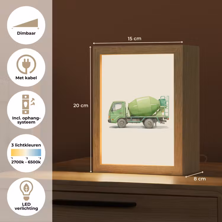 Betonwagen - Illustratie - Groen - Minimalistisch Light Box met kabel (Kinderlampje) klein -USP_NL