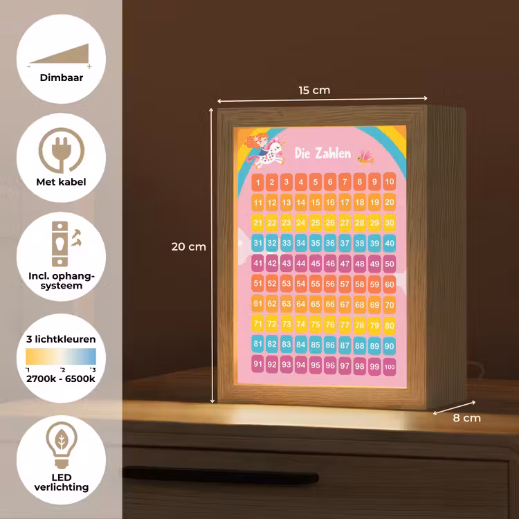Educatief - Leren tellen - Regenboog  - Eenhoorn - Getallen Light Box met kabel klein -USP_NL