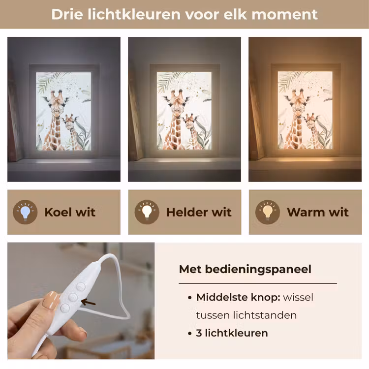Giraffe - Bladeren - Kinderen - Dieren - Jungle Light Box met kabel klein -USP_lichtkleurNL