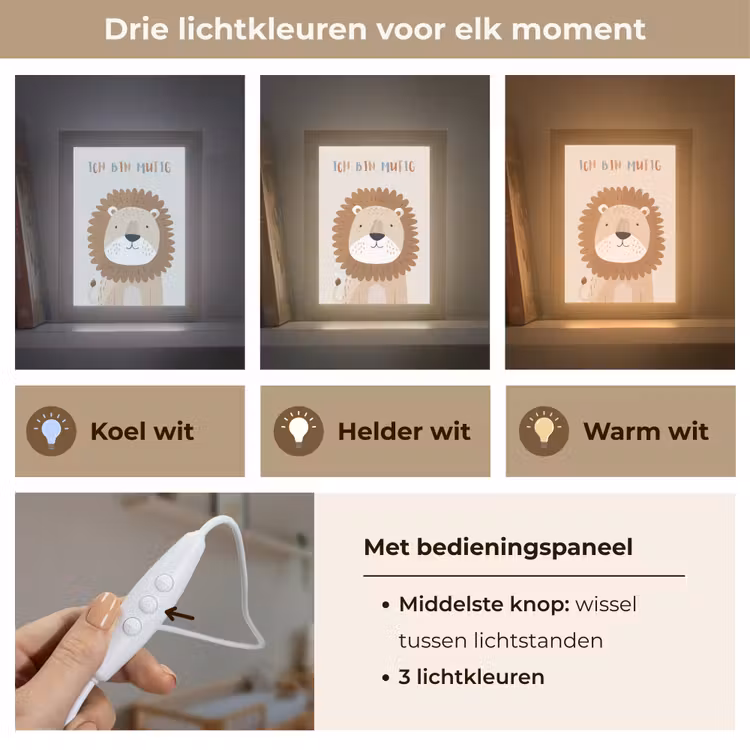 Leeuw - Beige - Dier - Moedig - Quote Light Box met kabel klein -USP_lichtkleurNL