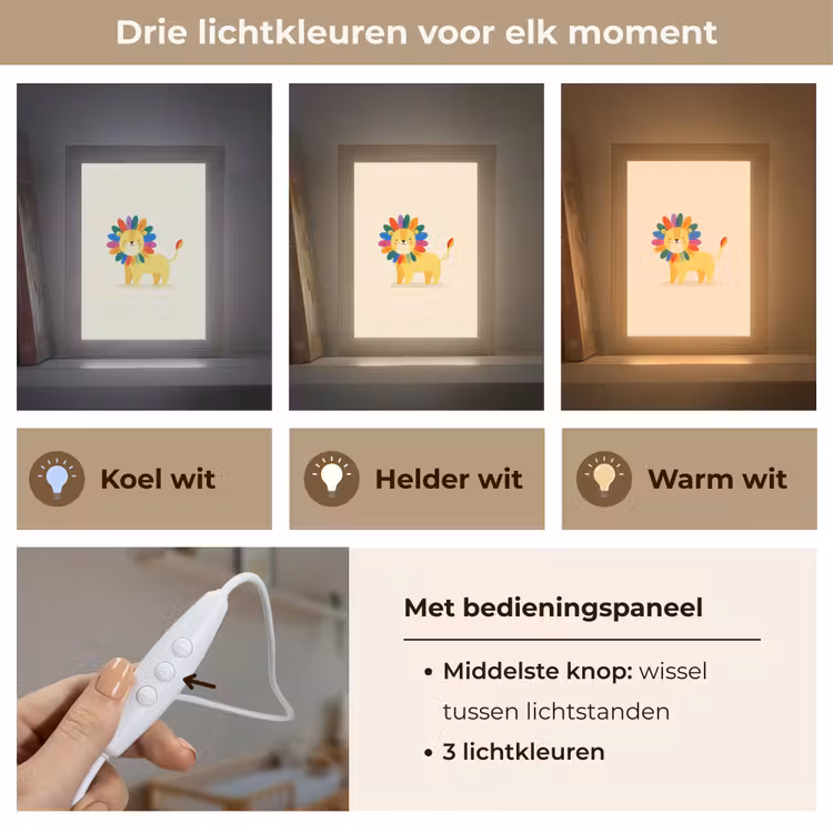 Leeuw - Kleurrijke manen - Beige Light Box met kabel klein -USP_lichtkleurNL
