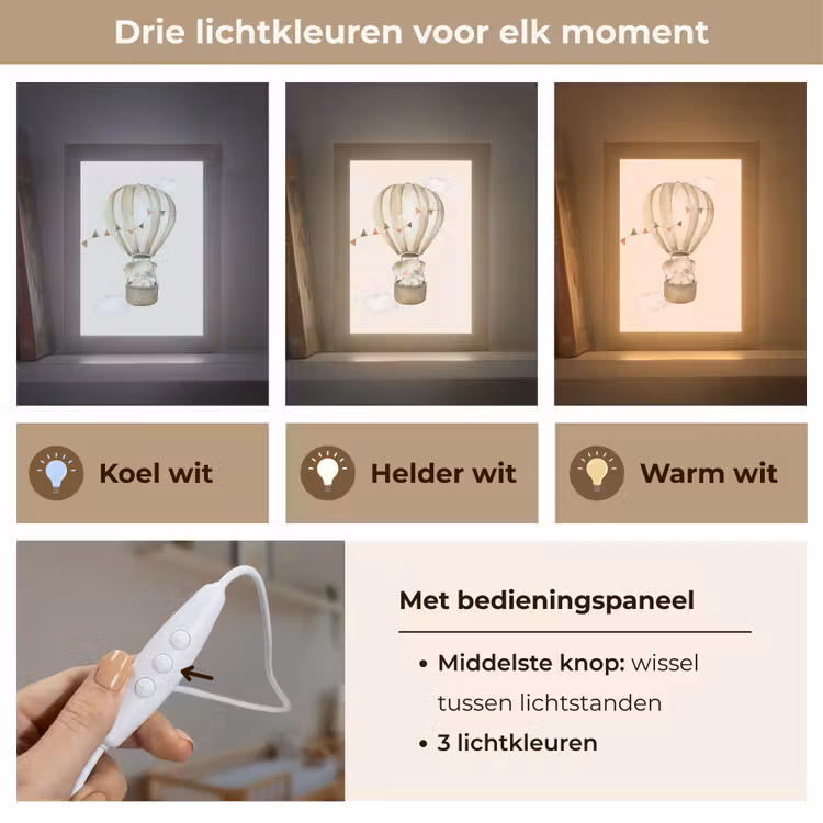 Luchtballon - Olifant - Watercolor - Beige - Dieren Light Box met kabel klein -USP_lichtkleurNL