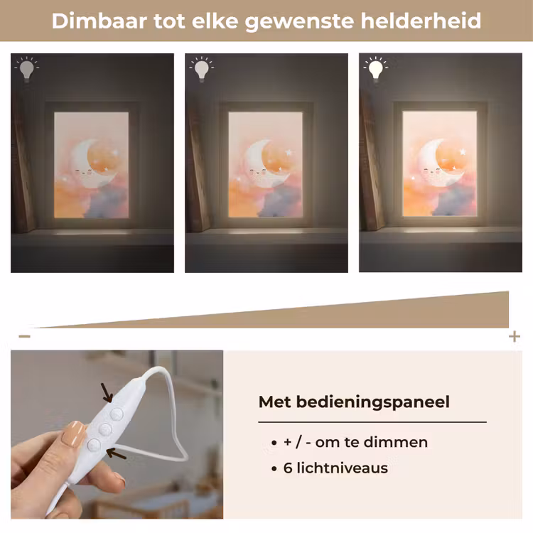 Maan - Gezichtje - Sterren - Roze Light Box met kabel klein -USP_dimbaarNL