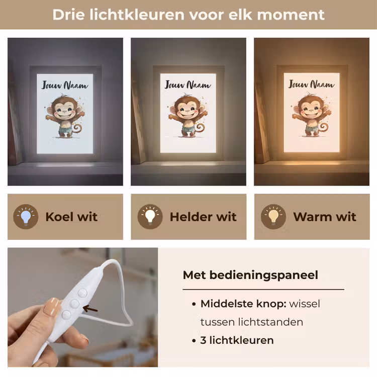 Aap - Bruin - Waterverf - Dieren - Meiden - Jongens Light Box met kabel (Kinderlampje) klein -USP_lichtkleurNL