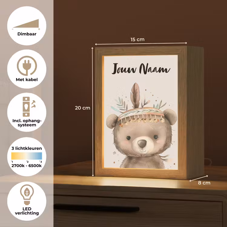 Beer - Boho - Indianentooi - Dieren Light Box met kabel (Kinderlampje) klein -USP_NL