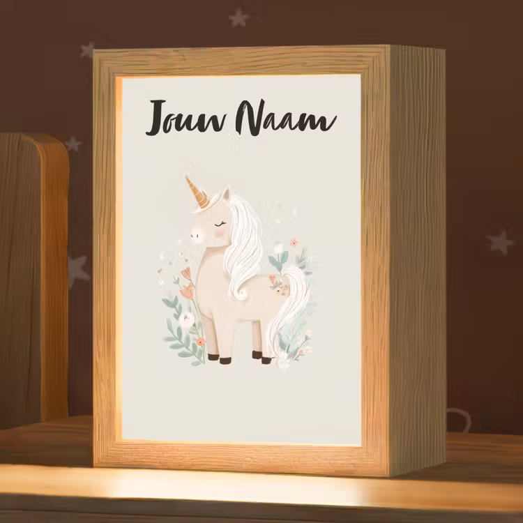 Beige - Eenhoorn - Minimalistisch - Bloemen Light Box met kabel (Kinderlampje) klein -zzz_3d_website