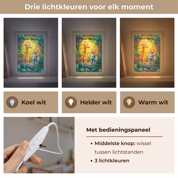 Dieren - Jungle - Giraf - Olifant - Aapje Light Box met kabel (Kinderlampje) klein -USP_lichtkleurNL