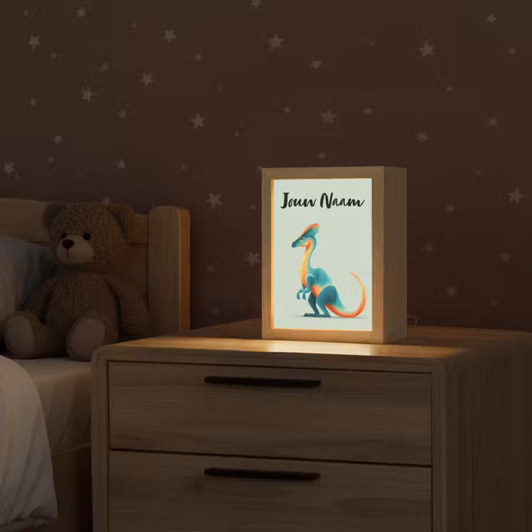 Dino - Cartoon - Oranje - Poten Light Box met kabel (Kinderlampje) klein -sfeer1_kind