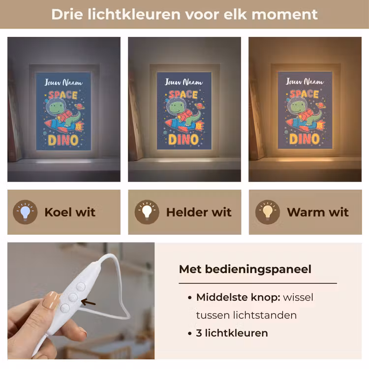 Dino - Raket - Kleurrijk Light Box met kabel (Kinderlampje) klein -USP_lichtkleurNL