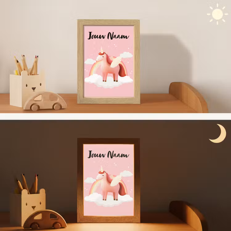 Eenhoorn - Vleugels - Roze - Regenboog Light Box met kabel (Kinderlampje) klein -sfeer3_kind