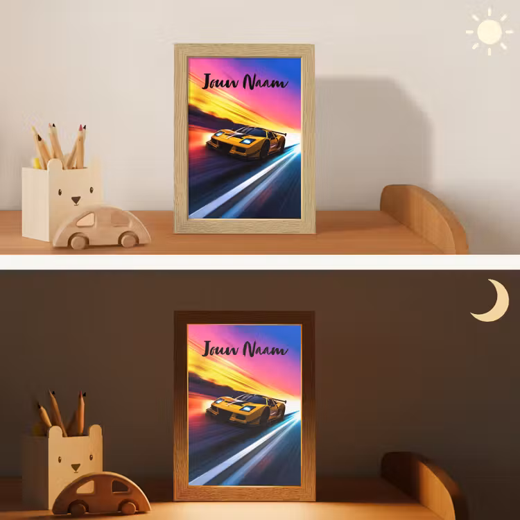 Gele raceauto - Kleurrijk - Neon Light Box met kabel (Kinderlampje) klein -sfeer3_kind