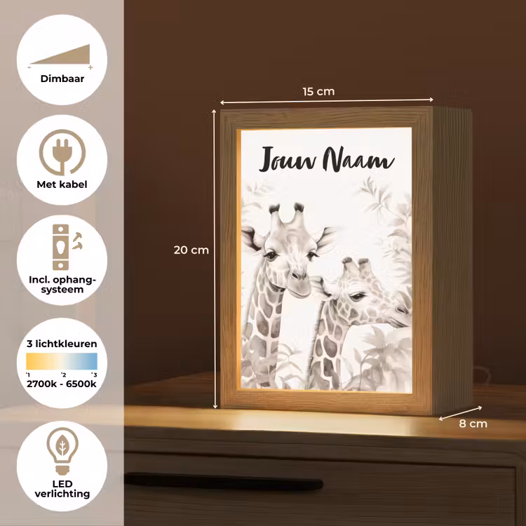 Giraffe - Bladeren - Bruin - Jungle - Kind Light Box met kabel (Kinderlampje) klein -USP_NL