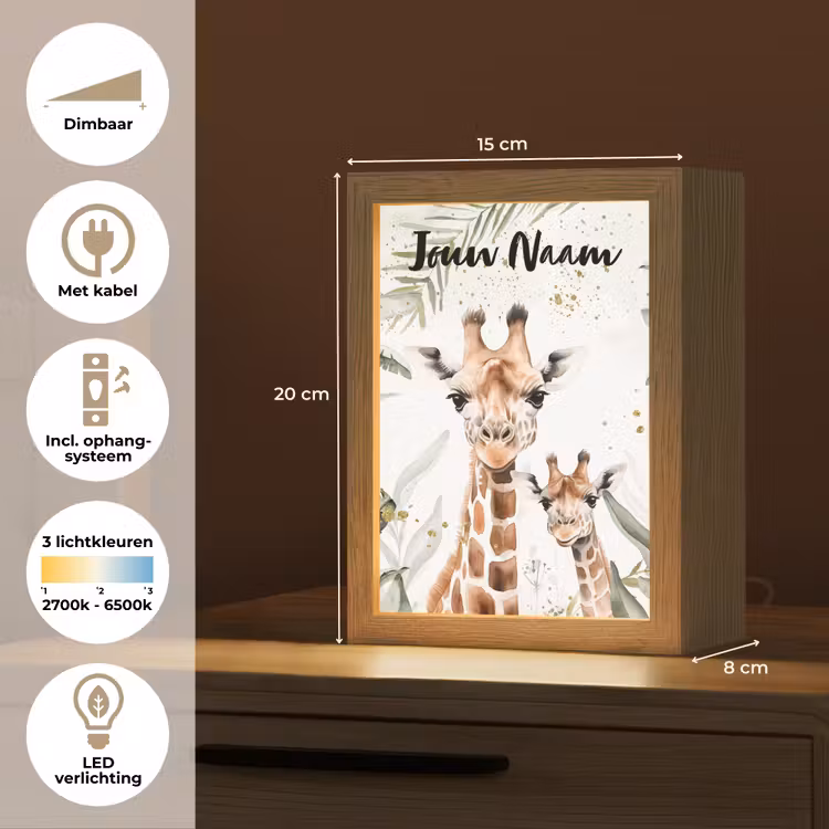 Giraffe - Bladeren - Kinderen - Dieren - Jungle Light Box met kabel (Kinderlampje) klein -USP_NL