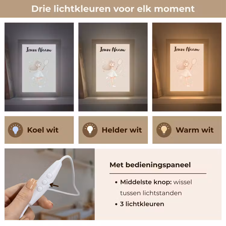 Haar - Meisje - Strik - Tennisracket Light Box met kabel (Kinderlampje) klein -USP_lichtkleurNL