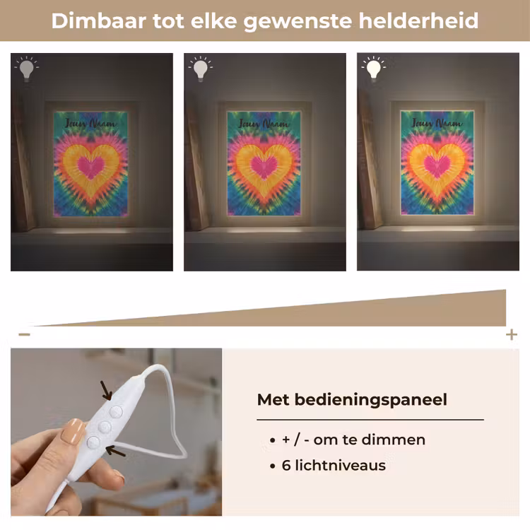 Hart - Kleurrijk - Regenboog - Tie Dye Light Box met kabel (Kinderlampje) klein -USP_dimbaarNL
