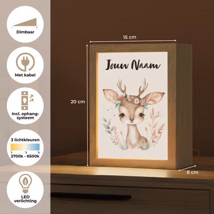 Hert - Bohemian - Bloemen - Bosdieren Light Box met kabel (Kinderlampje) klein -USP_NL