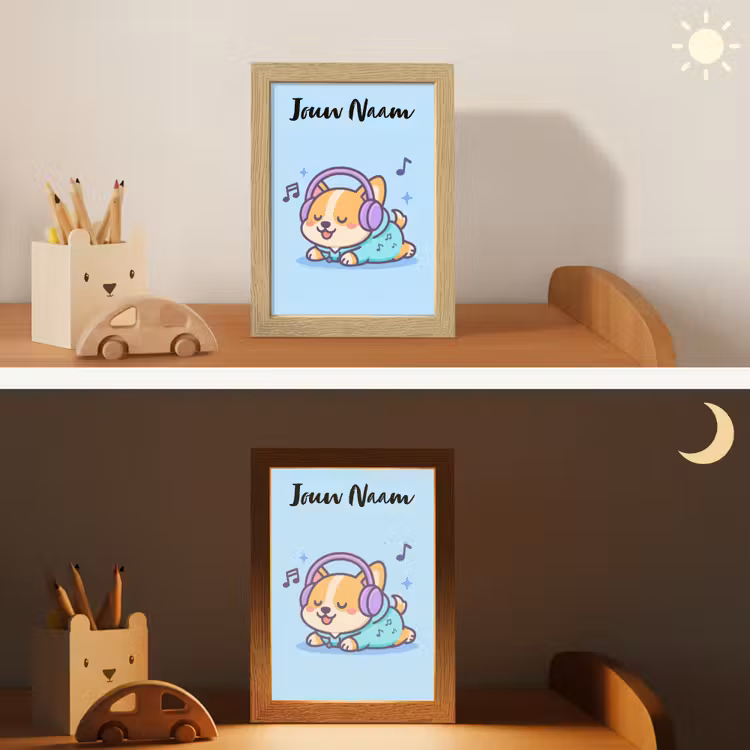 Hondje - Koptelefoon - Blauw - Muzieknoten Light Box met kabel (Kinderlampje) klein -sfeer3_kind