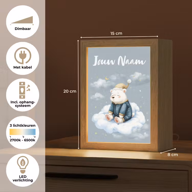 Ijsbeer - Pyjama - Wolken - Sterrenhemel Light Box met kabel (Kinderlampje) klein -USP_NL