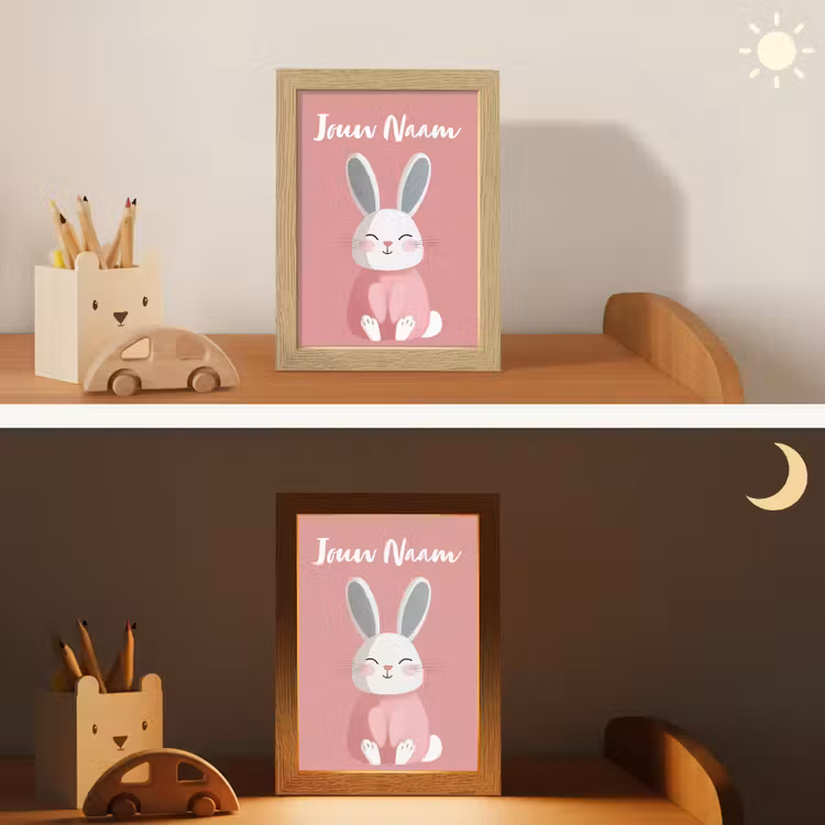 Illustratie - Konijn - Roze - Minimalistisch Light Box met kabel (Kinderlampje) klein -sfeer3_kind