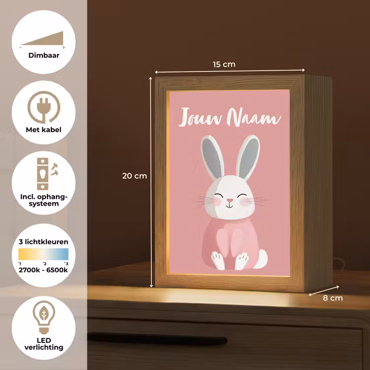 Illustratie - Konijn - Roze - Minimalistisch Light Box met kabel (Kinderlampje) klein -USP_NL