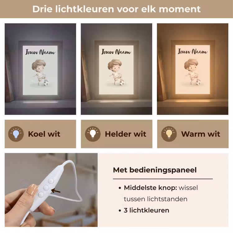 Jongen - Bruin - Voetbal - Minimalistisch Light Box met kabel (Kinderlampje) klein -USP_lichtkleurNL