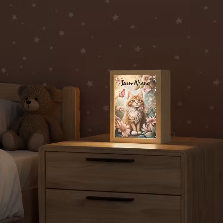 Kat - Bloemen - Vlinders - Roze Light Box met kabel (Kinderlampje) klein -sfeer1_kind