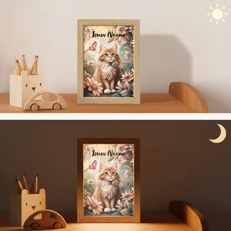 Kat - Bloemen - Vlinders - Roze Light Box met kabel (Kinderlampje) klein -sfeer3_kind