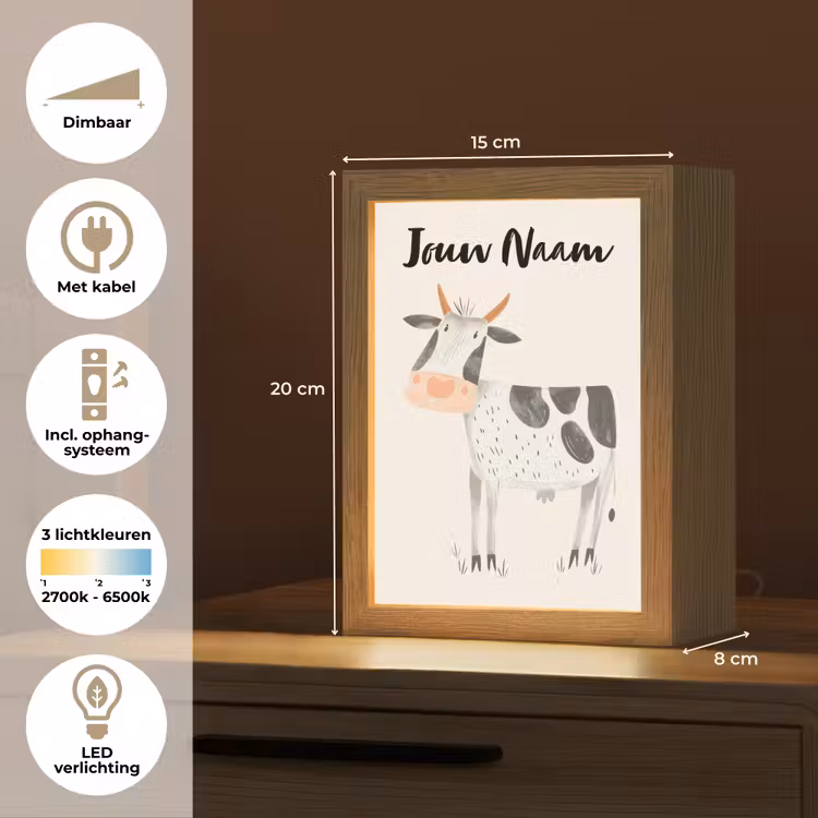 Koe - Boerderij dier - Dieren - Pastel kleuren Light Box met kabel (Kinderlampje) klein -USP_NL