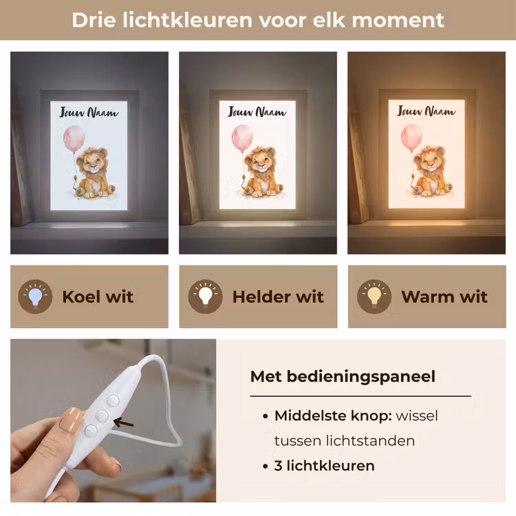 Leeuw - Baby dier - Dieren - Roze ballon Light Box met kabel (Kinderlampje) klein -USP_lichtkleurNL