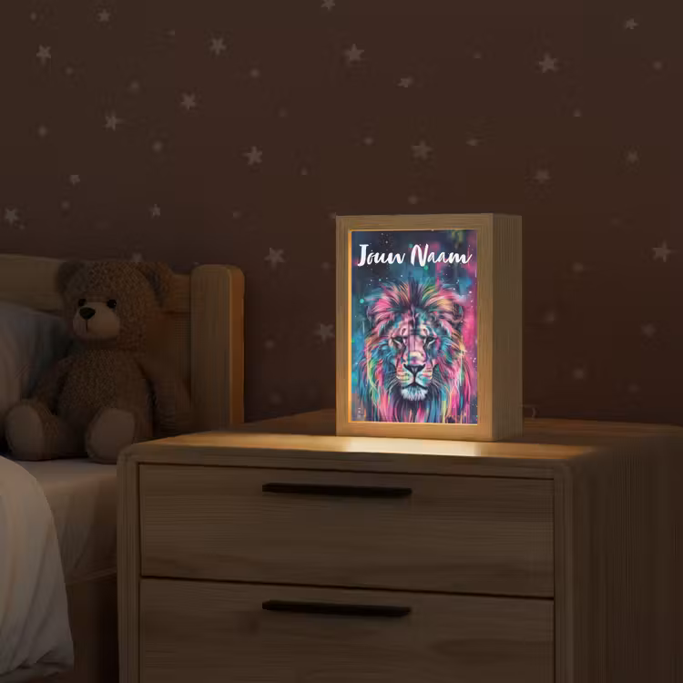 Leeuw - Verf - Kleurrijk - Zwart - Dieren Light Box met kabel (Kinderlampje) klein -sfeer1_kind