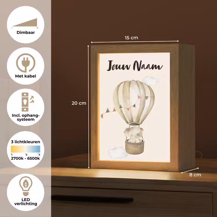 Luchtballon - Olifant - Watercolor - Beige - Dieren Light Box met kabel (Kinderlampje) klein -USP_NL