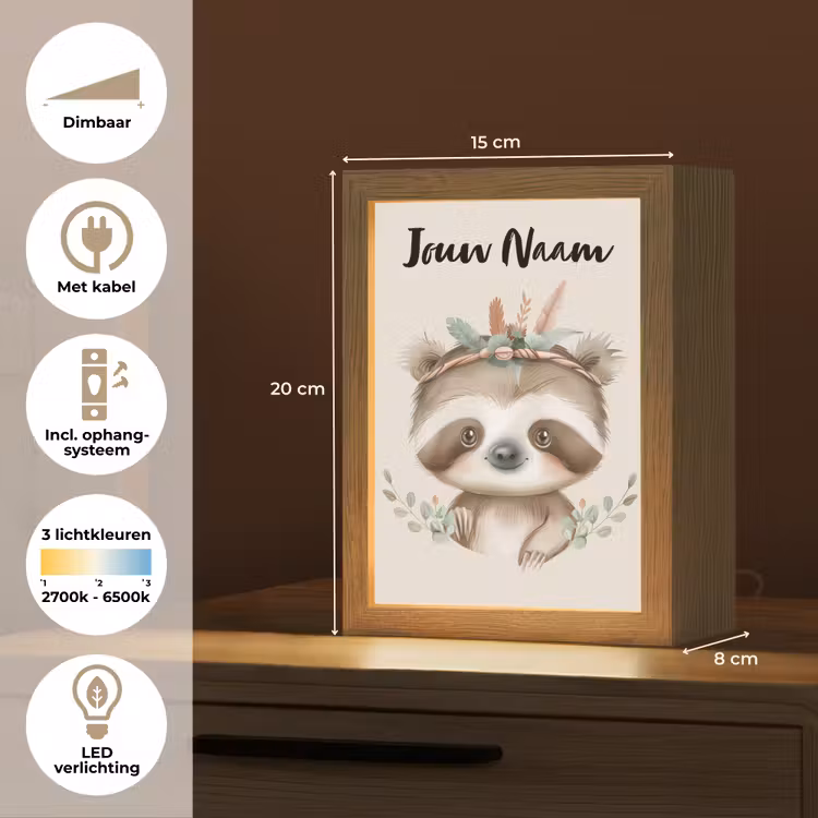 Luiaard - Dieren - Bohemian - Boho Light Box met kabel (Kinderlampje) klein -USP_NL