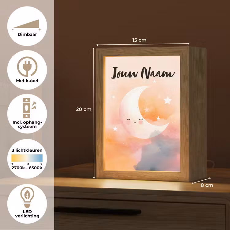 Maan - Gezichtje - Sterren - Roze Light Box met kabel (Kinderlampje) klein -USP_NL