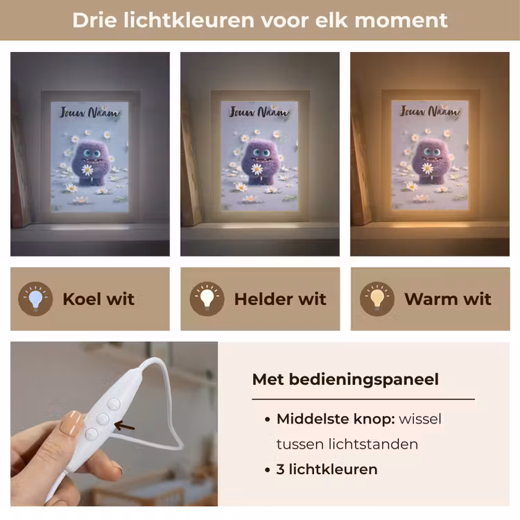 Monster - Paars - Madeliefjes Light Box met kabel (Kinderlampje) klein -USP_lichtkleurNL