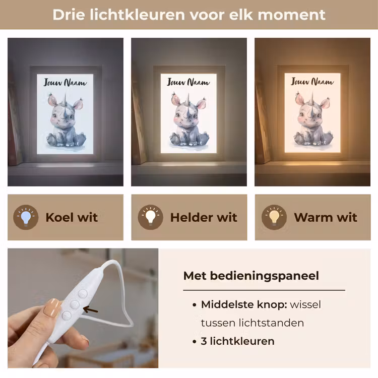 Neushoorn - Baby dier - Dieren Light Box met kabel (Kinderlampje) klein -USP_lichtkleurNL
