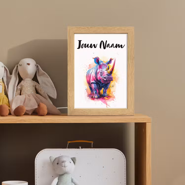 Neushoorn - Kleurrijk - Verf - Dieren Light Box met kabel (Kinderlampje) klein -sfeer2_kind