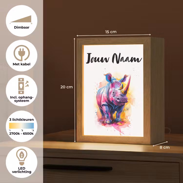Neushoorn - Kleurrijk - Verf - Dieren Light Box met kabel (Kinderlampje) klein -USP_NL