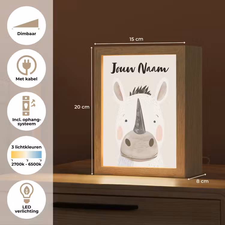 Neushoorn - Wilde dieren - Pastel kleuren Light Box met kabel (Kinderlampje) klein -USP_NL