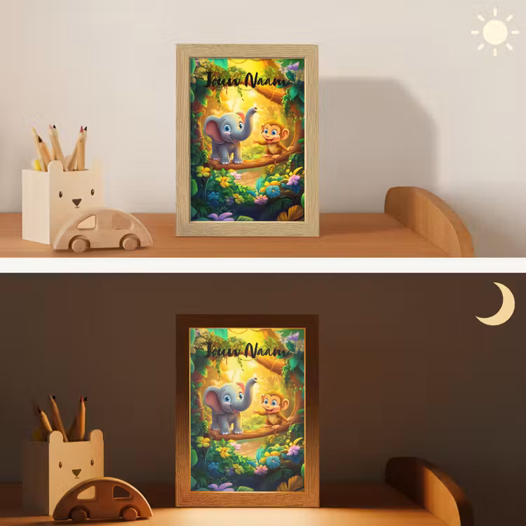 Olifant - Appje - Jungle - Kleurrijk Light Box met kabel (Kinderlampje) klein -sfeer3_kind
