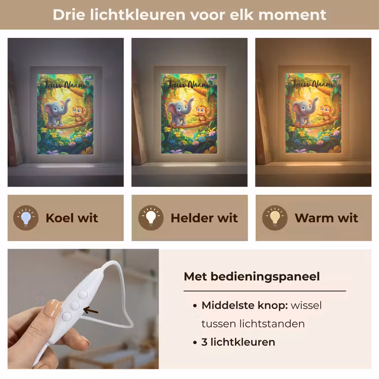Olifant - Appje - Jungle - Kleurrijk Light Box met kabel (Kinderlampje) klein -USP_lichtkleurNL
