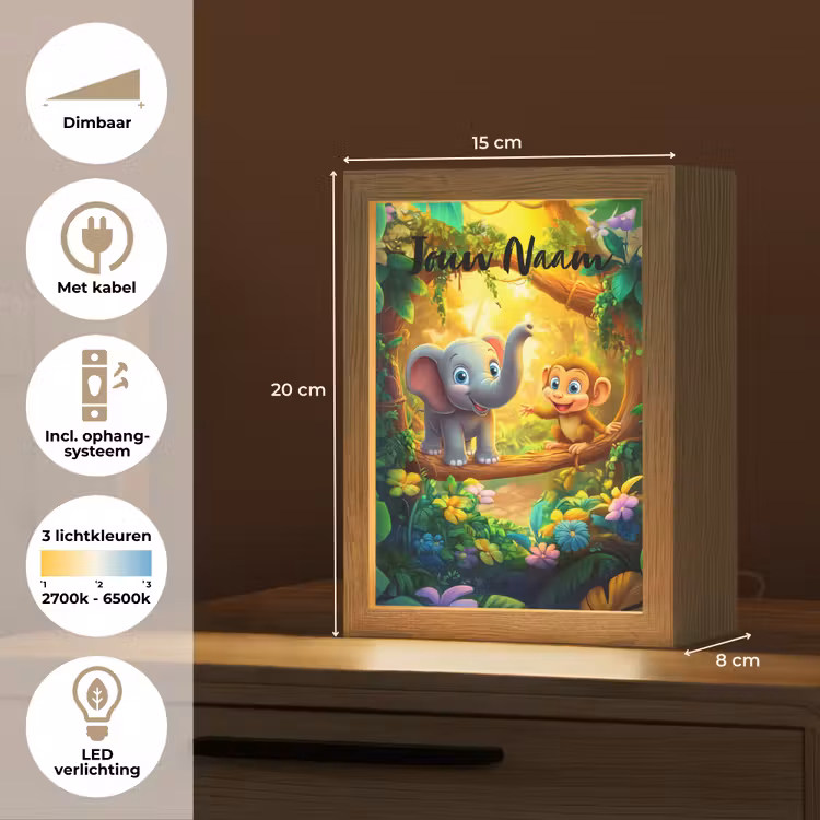 Olifant - Appje - Jungle - Kleurrijk Light Box met kabel (Kinderlampje) klein -USP_NL