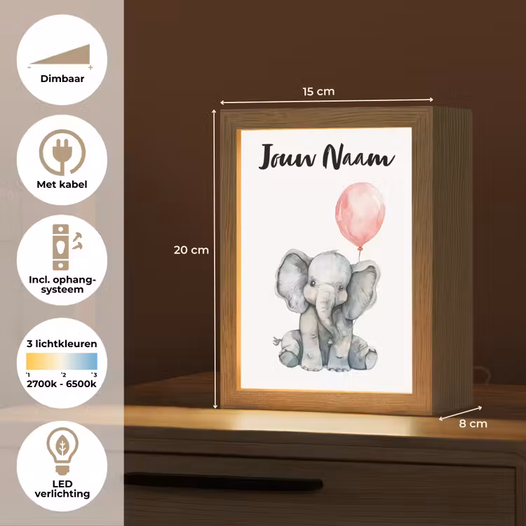 Olifant - Baby dier - Roze ballon Light Box met kabel (Kinderlampje) klein -USP_NL