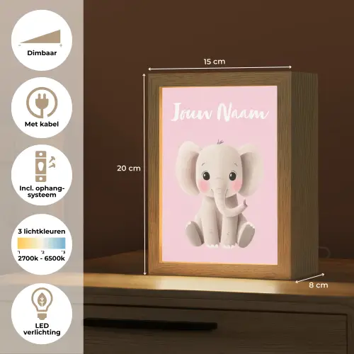 Olifant - Baby - Roze - Cartoon Light Box met kabel (Kinderlampje) klein -USP_NL