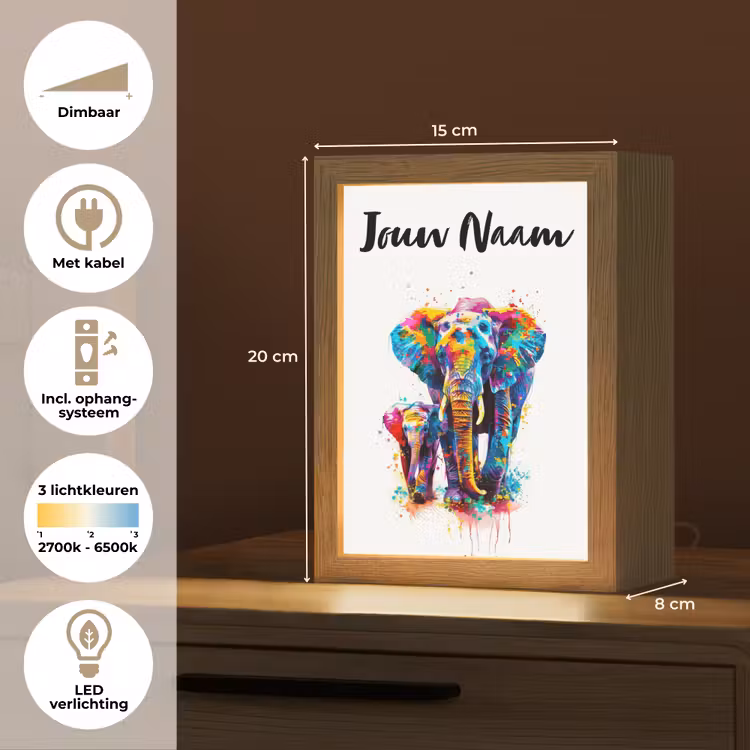 Olifanten - Dieren - Verf - Kleurrijk Light Box met kabel (Kinderlampje) klein -USP_NL