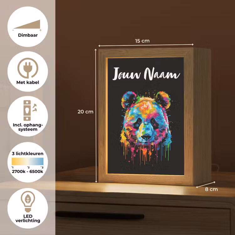 Panda - Dieren - Kleur - Verf - Zwart Light Box met kabel (Kinderlampje) klein -USP_NL