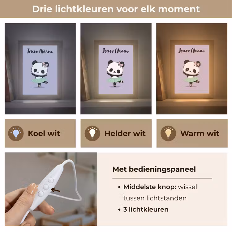 Panda - Paars - Strikje - Kawaii Light Box met kabel (Kinderlampje) klein -USP_lichtkleurNL