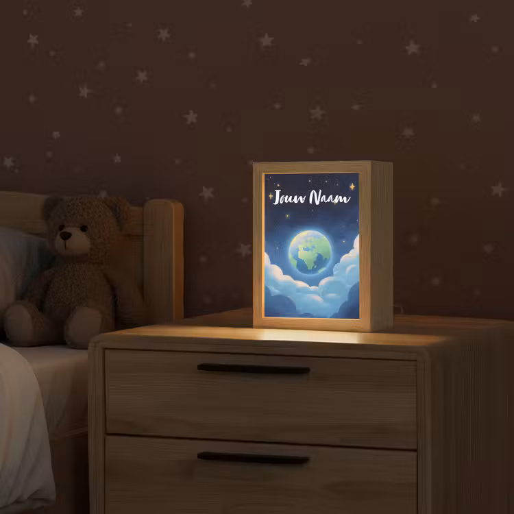 Planeet - Wolken - Sterren - Blauw Light Box met kabel (Kinderlampje) klein -sfeer1_kind