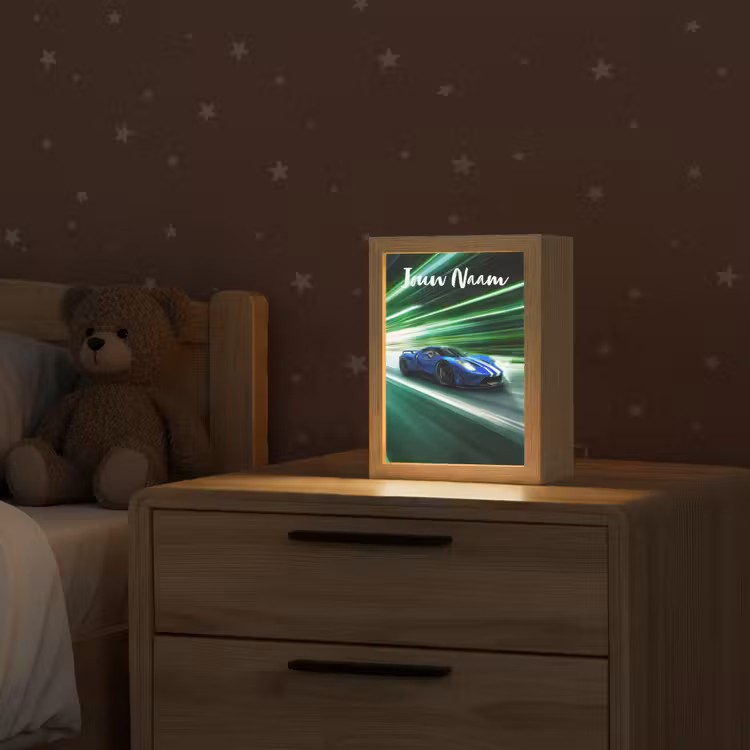Race auto - Blauw - Groen Light Box met kabel (Kinderlampje) klein -sfeer1_kind